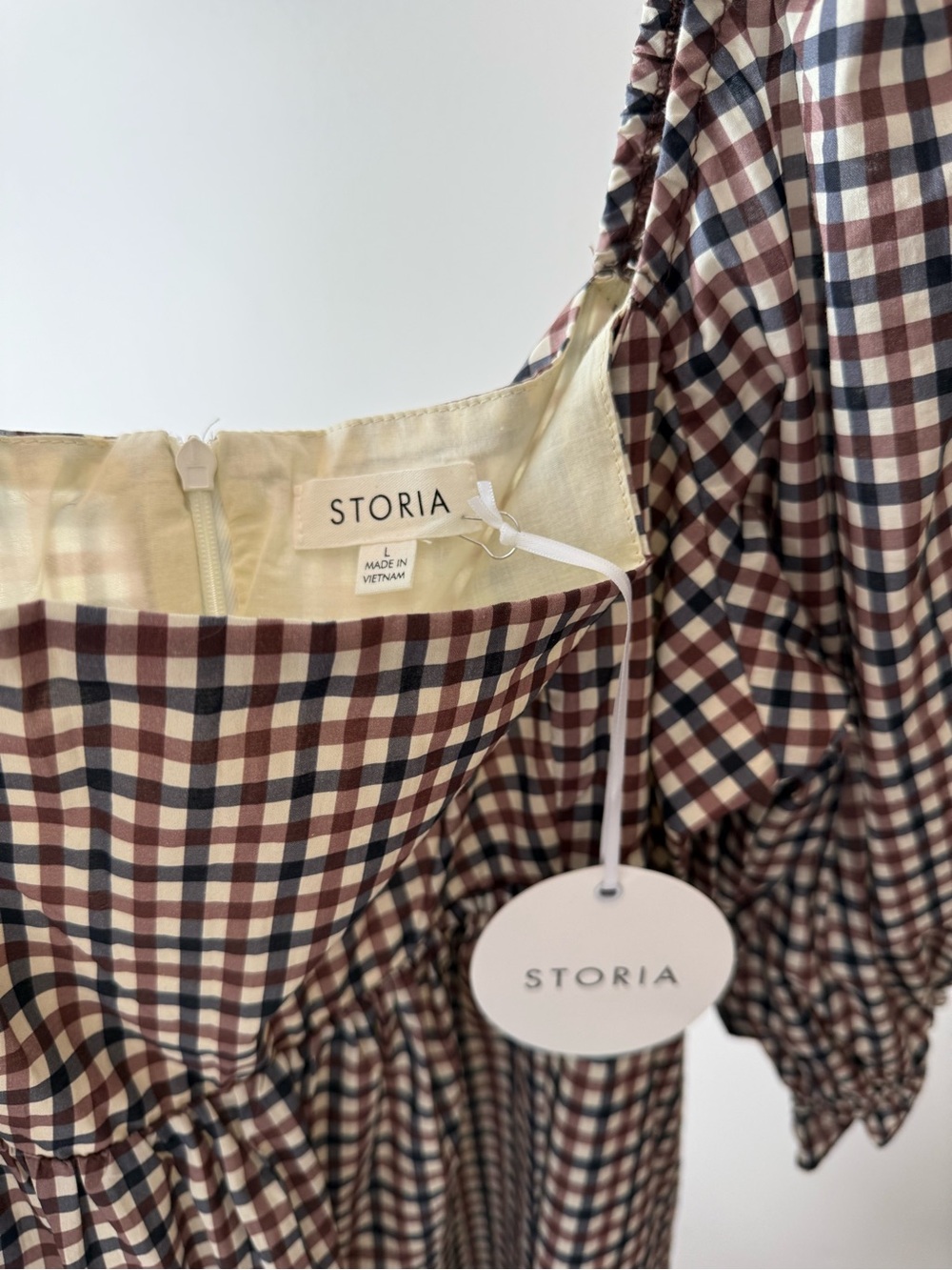 Storia Plaid Puff-Sleeve Square Neck Mini Dress in Brown - Picture 6 of 7